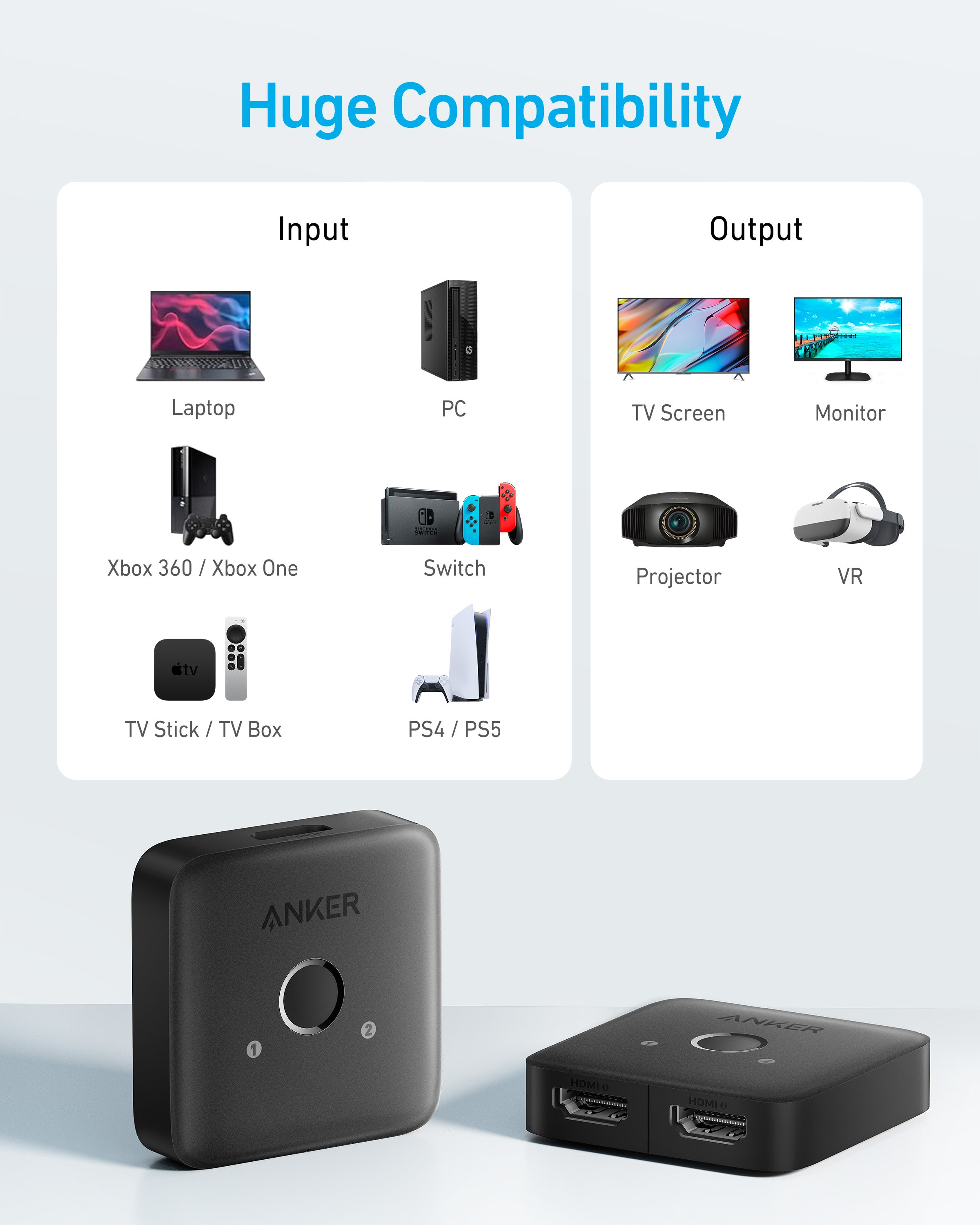 Anker HDMI Switch (2 in 1 out) Gray Anker HDMI Switch (2 in 1 out) Gray